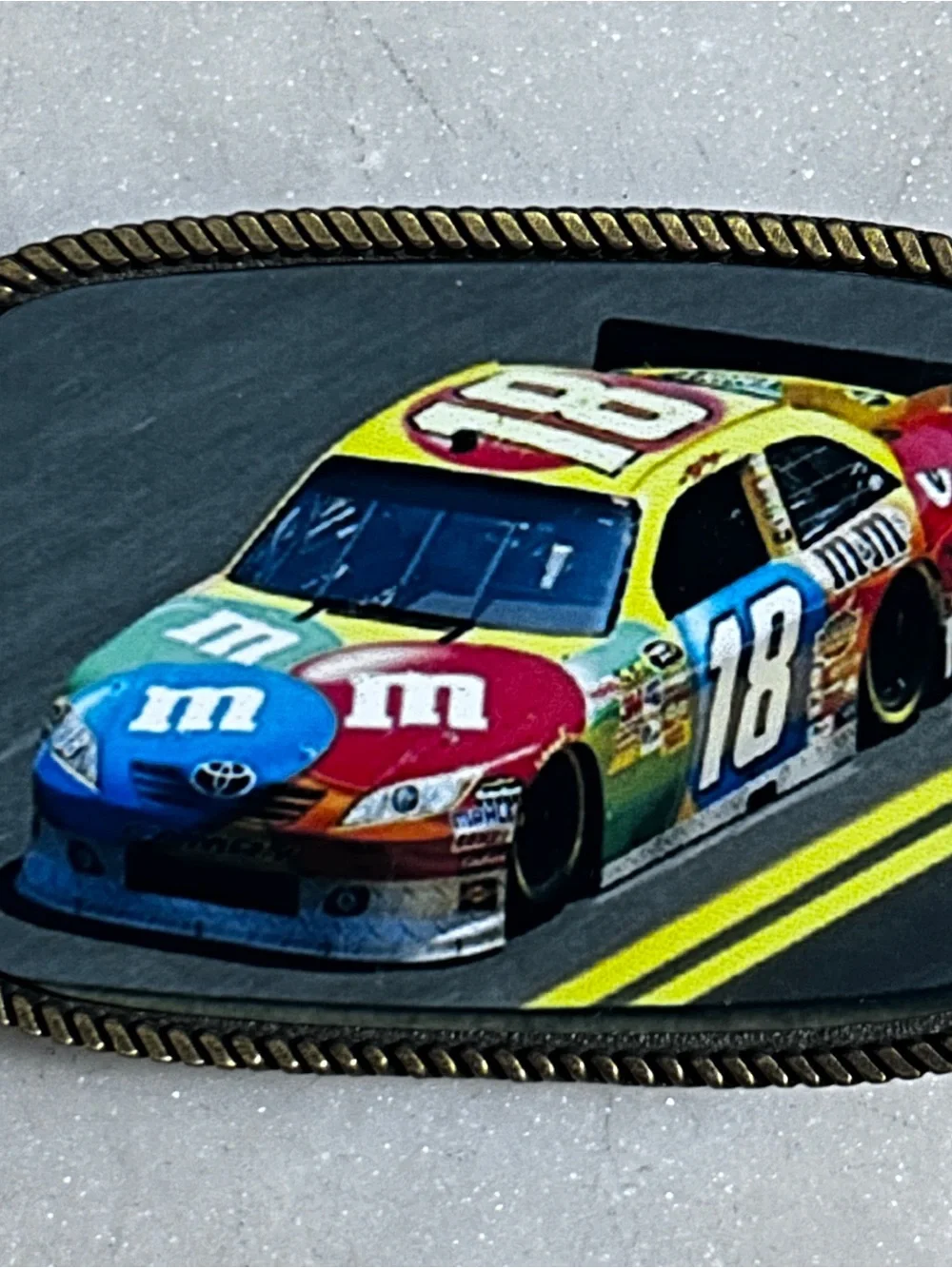 Kyle Busch's #18 M&M's NASCAR Multi-Colors ~ Gold Tone Metal Belt Buckle